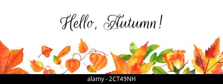 Ciao, panorama autunnale con foglie d'acquerello e rami, su uno sfondo bianco Foto Stock