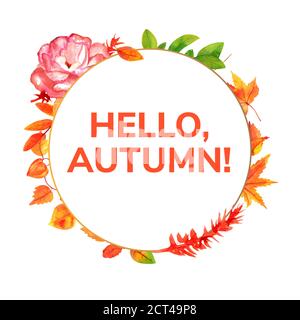 Ciao, autunno acquerello caduta corona con foglie caduta, rami, e una rosa, su uno sfondo bianco Foto Stock