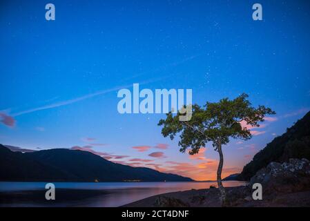 Loch Ness di notte sotto le stelle, vicino a Fort Augustus, Highlands scozzesi, Scozia, Regno Unito, Europa Foto Stock