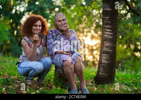 Madre e figlia contadini che mangiano uva al tramonto nel frutteto Foto Stock