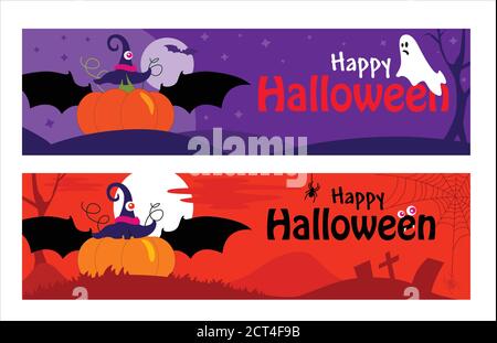 Happy sfondo a colori di Halloween banner o invito party con Pumpkin. Tomba, croce, luna, pipistrelli volanti e ragnatela in piano. Cartoni animati vettoriali Illustrazione Vettoriale