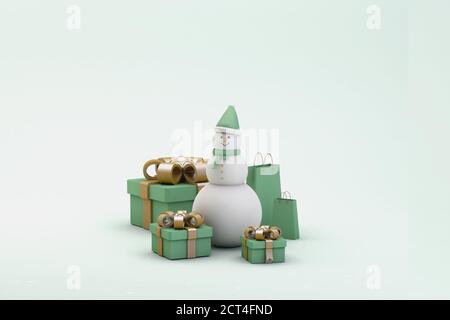 Snowman, confezioni regalo e pacchetti in colori verde e oro. Vendita shopping di Natale. rendering 3d Foto Stock
