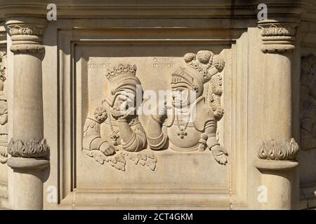 Dettaglio, Marktbrunnen (fontana del mercato), piazza del mercato, Hildesheim, bassa Sassonia, Germania Foto Stock