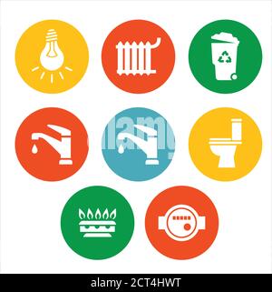 Set di icone vettoriali. In chiude icone di colore come lampadina, gas, wc, rubinetto acqua, cestino, batteria, icona acqua e molto altro.Vector home. Riscaldamento domestico Illustrazione Vettoriale