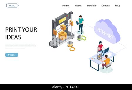 Modello di progettazione della landing page del sito Web vettoriale per la stampa 3d online Illustrazione Vettoriale