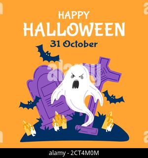 Biglietto d'invito per la festa di Halloween per le vacanze. Zucca e pipistrelli, fantasmi. Illustrazione vettoriale. Illustrazione Vettoriale