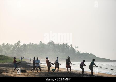 Pescatori che tirano in grandi reti da pesca sulla spiaggia tropicale di Kappil, Varkala, Kerala, India Foto Stock