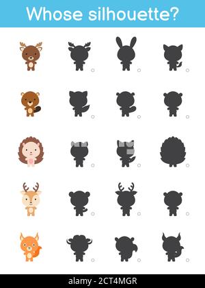 Il cui modello di gioco silhouette. Gioco di abbinamento per bambini con animali cartoni animati boschivi. Pagina attività bambini. Foglio di lavoro per lo sviluppo dell'istruzione. Logico Illustrazione Vettoriale