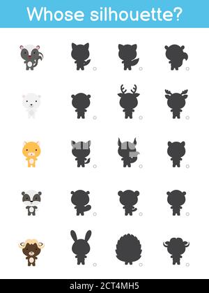 Il cui modello di gioco silhouette. Gioco di corrispondenza per i bambini con simpatici animali cartoni animati. Pagina attività bambini. Foglio di lavoro per lo sviluppo dell'istruzione. Sottile logico Illustrazione Vettoriale