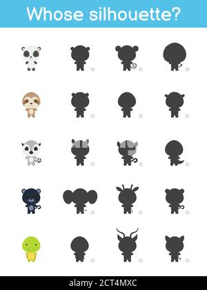 Il cui modello di gioco silhouette. Gioco di corrispondenza per i bambini con simpatici animali cartoni animati. Pagina attività bambini. Foglio di lavoro per lo sviluppo dell'istruzione. Sottile logico Illustrazione Vettoriale