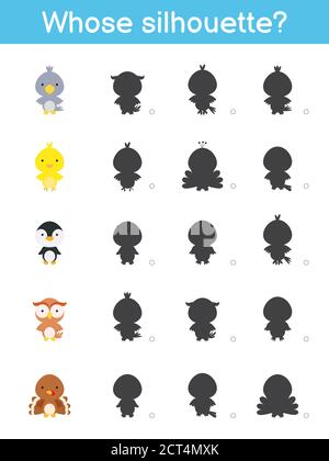 Il cui modello di gioco silhouette. Gioco di corrispondenza per i bambini con simpatici uccelli cartoni animati. Pagina attività bambini. Foglio di lavoro per lo sviluppo dell'istruzione. Thinki logico Illustrazione Vettoriale