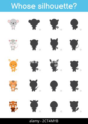 Il cui modello di gioco silhouette. Gioco di corrispondenza per i bambini con simpatici animali cartoni animati. Pagina attività bambini. Foglio di lavoro per lo sviluppo dell'istruzione. Sottile logico Illustrazione Vettoriale