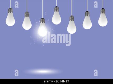 Lampadine a sospensione realistiche, illustrazione creativa del concept vettoriale Illustrazione Vettoriale