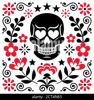 Disegno vettoriale di fiori e cranio messicano, decorazione floreale di Halloween e Day of the Dead - stile di arte popolare Illustrazione Vettoriale