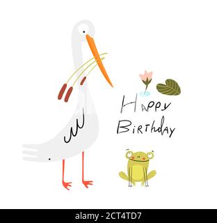 Uccello bianco e rana Felice compleanno congratulazioni con scritta disegnata a mano. Illustrazione Vettoriale