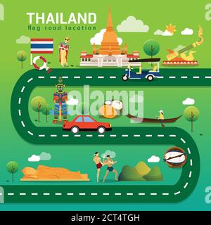 Mappa stradale e percorso di viaggio in Thailandia Illustrazione Vettoriale