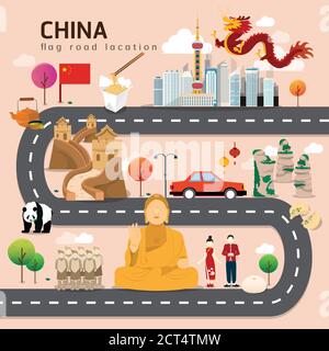 Mappa stradale e percorso di viaggio in Cina Illustrazione Vettoriale