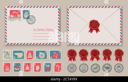Busta di Natale con Babbo Natale in francobolli e francobolli, Snowman in francobollo. Illustrazione vettoriale Illustrazione Vettoriale
