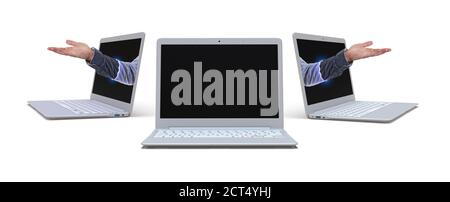 un notebook aperto in mock-up con braccia umane su sfondo bianco Rendering 3D Foto Stock