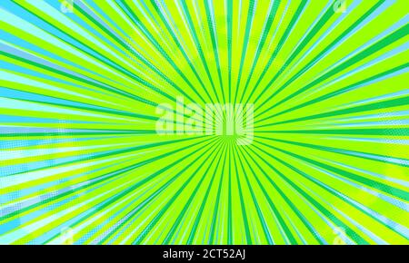 Modello astratto di fumetti con raggi e mezzitoni. Effetti umoristici su sfondo radiale. Illustrazione in stile rivista, colori alla moda. CopySpace per la pubblicità o il design. Tratteggiato, verde geometrico. Foto Stock