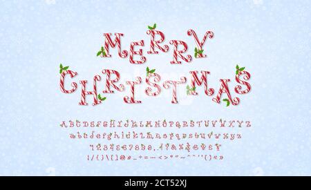 Dolce Merry Natale, auguri di festa. Cartoon Candy cane alfabeto con decorazione mistletoe. Carattere vettoriale riccamente, lettere maiuscole e minuscole, numeri Illustrazione Vettoriale