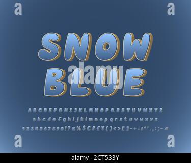 Alfabeto italico in oro blu 3D. Elegante carattere vettoriale di colore blu lucido. Lettere maiuscole e minuscole, numeri, contrassegni e simboli di valuta. Illustrazione Vettoriale