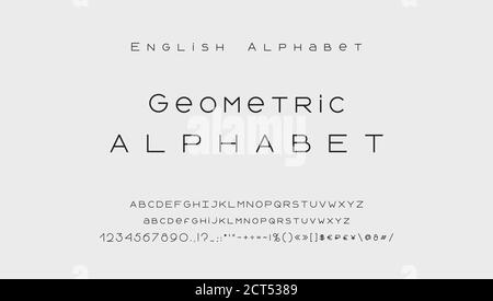 Alfabeto di stile minimo. Carattere vettoriale astratto moderno, lettere maiuscole e minuscole, numeri, simboli e segni. Tipografia di caratteri con linee sottili nere Illustrazione Vettoriale