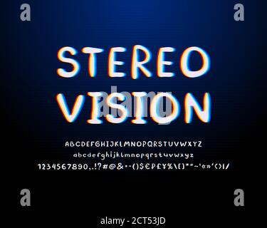 Alfabeto stereo. Font vettoriale retrospettiva astratto, colori bianco, rosso, giallo, blu. Lettere maiuscole e minuscole, numeri, segni. Illustrazione Vettoriale