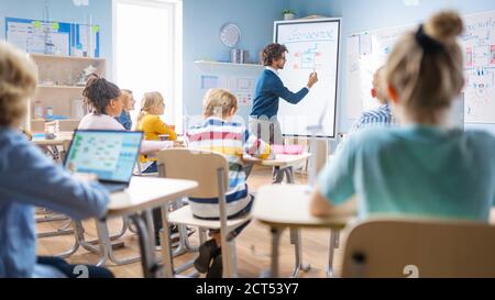 L'insegnante di fisica della scuola elementare usa la lavagna interattiva digitale per mostrare In un'aula piena di bambini intelligenti e diversificati come rinnovabili Energia funziona Foto Stock