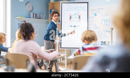 L'insegnante di fisica della scuola elementare usa la lavagna interattiva digitale per mostrare In un'aula piena di bambini intelligenti e diversificati come rinnovabili Energia funziona Foto Stock