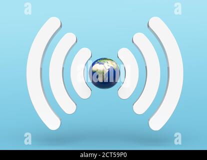 Logo del segnale wifi isolato formato con terra e blu su sfondo. Concetto di ecologia. illustrazione 3d Foto Stock