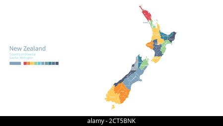 Mappa della Nuova Zelanda. Mappa vettoriale colorata e dettagliata dell'Oceania, Sud pacifico. Illustrazione Vettoriale