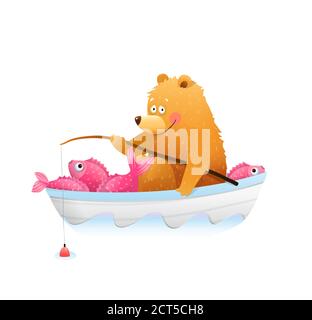 Baby Bear Cub pesca con canna Grande cattura Cartoon Illustrazione Vettoriale