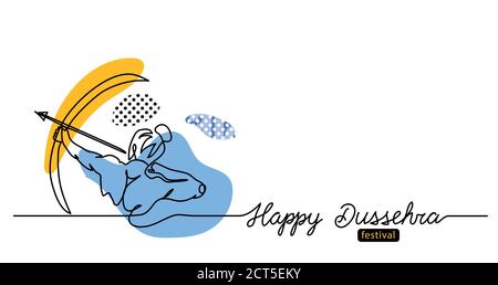 Moderno banner Dussehra con prua, freccia e lord Rama. Un disegno a linea continua con testo Happy Dussehra. Banner vettoriale, sfondo, schizzo Illustrazione Vettoriale