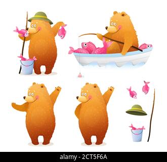 Orso pescatore pesca Cartoon Clipart per bambini Illustrazione Vettoriale