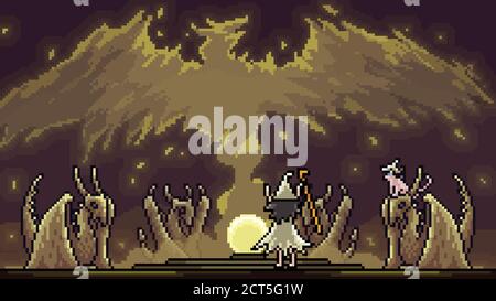 pixel art scene summon magic wizard Illustrazione Vettoriale