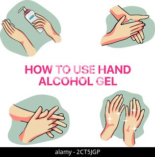 Come utilizzare correttamente l'igienizzatore per le mani per pulire e disinfettare le mani, infografica medica Illustrazione Vettoriale