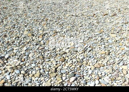 Rocce colorate e arrotondate, ciottoli sulla costa del fiume Foto Stock