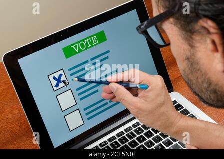 Persona che vota sul computer via Internet Foto Stock