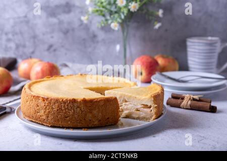 Torta di mele con cannella e panna acida. Cottura fatta in casa. Torta russa tradizionale. Primo piano. Foto Stock