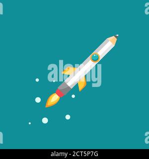 nave a razzo a matita con fuoco. Isolato su blu polvere. Fantasia flat vettore illustrazione con matita volante. Creatività, immaginazione, idee orizzontali Illustrazione Vettoriale