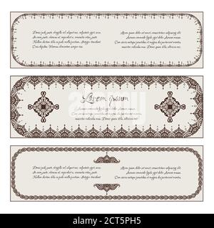 Set di striscioni vintage orizzontali con cornice in hennè, motivo mehendi e un posto per il testo. Illustrazione Vettoriale