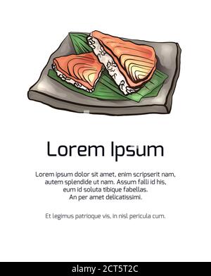 Striscione verticale con cartoni animati colorati che raffigura il cibo giapponese con riso e salmone sul piatto. Modello vettoriale per menu, schede, ricette e il Illustrazione Vettoriale