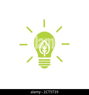 Contorno verde di lampadina elettrica brillante con foglia verde. Isolato su bianco. Icona contorno piatto. Illustrazione vettoriale. Diventa verde. Eco-friendly. Mondo Illustrazione Vettoriale