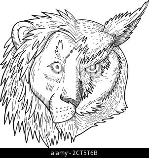 Disegno in bianco e nero disegno stile illustrazione di una testa di leone con il mantello su una metà e grande gufo cornuto, gufo tigre o il gufo sparo sull'altra Illustrazione Vettoriale