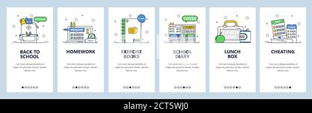 Istruzione scolastica. Libri di esercitazione, diario, scatola di pranzo, compiti. Schermate delle app mobili, modello di banner per siti Web vettoriali. Illustrazione Vettoriale
