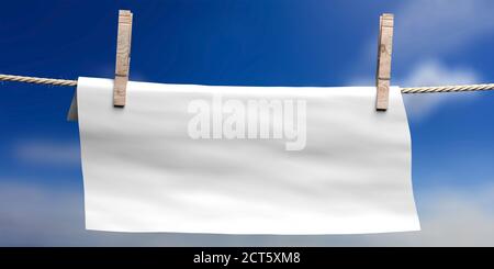 Stoffa bianca vuota che tiene sulla corda con i clothespins su sfondo blu del cielo. Promemoria vuoto, promemoria, modello di firma. illustrazione 3d Foto Stock