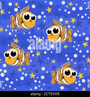 modello senza cuciture con simpatico bambino clownfish cartoon illustrazione con bolle e sotto il mare sfondo. Design per bambino e bambino. Può essere affiancato Illustrazione Vettoriale