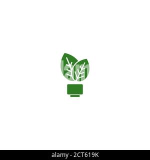 Contorno verde di lampadina elettrica con foglia verde e raggi luminosi. Isolato su bianco. Icona contorno piatto. Illustrazione vettoriale. Diventa verde. Amico ecologico Illustrazione Vettoriale