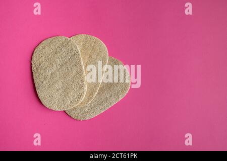 Loofah naturale piatto cucina lavaggio spugne. Spugna ecologica per lavastoviglie su sfondo rosa. Tampone di lavaggio per piatti biodegradabile. Foto Stock